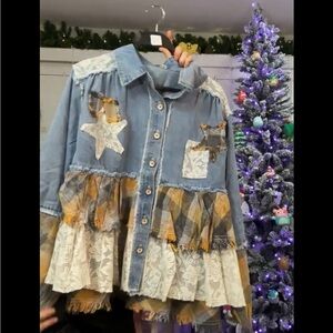 POL Blue Patchwork Jean Jacket with Lace and Plaid